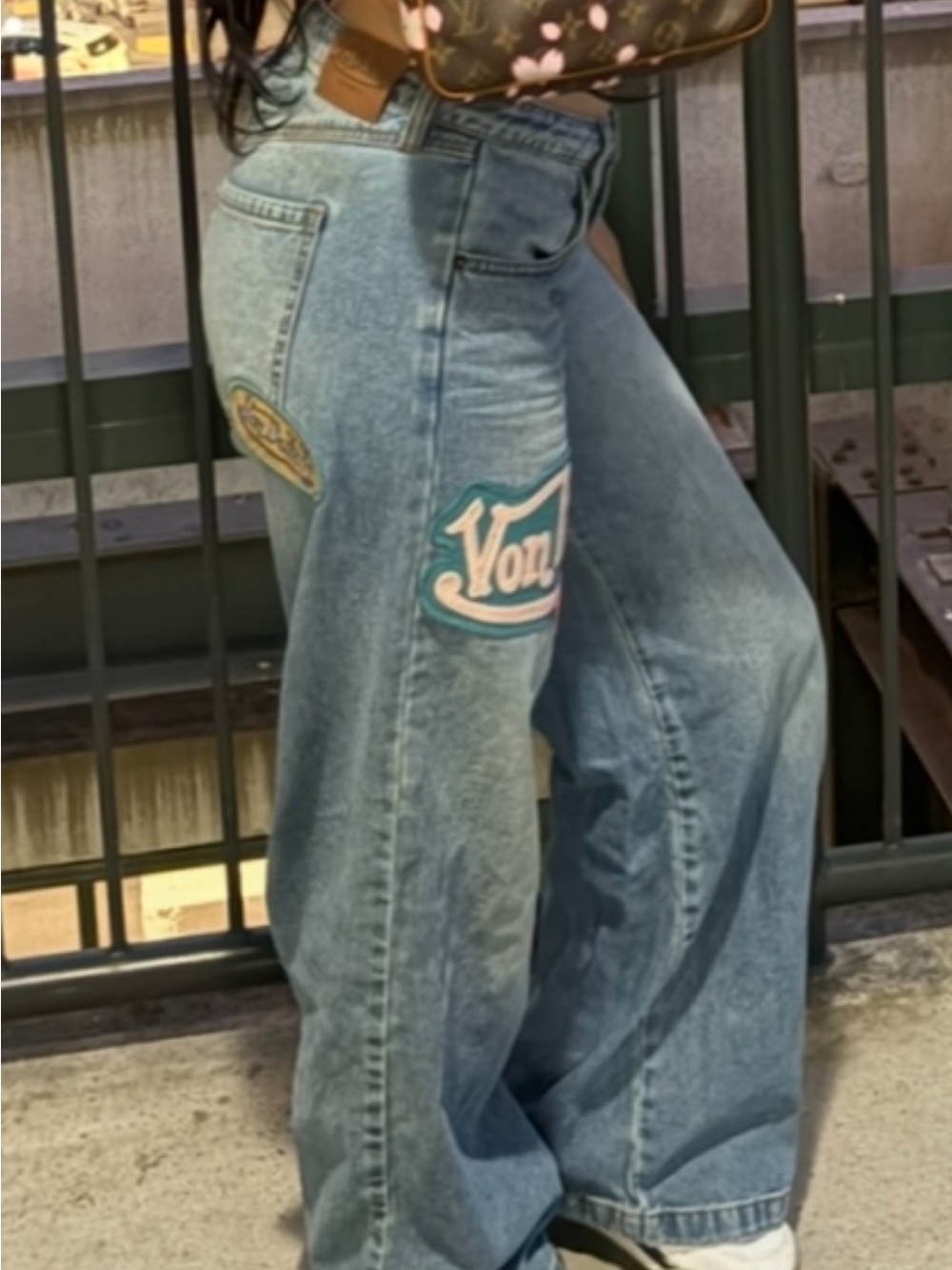 Von Dutch Light Blue Wide Leg Jeans with Pink Logo Patch - Picture 2 of 2